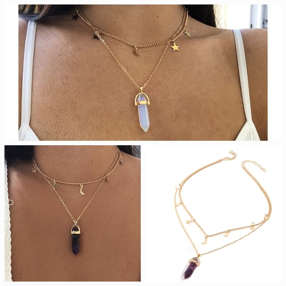 Healing mineral stone moon an star necklace bundle